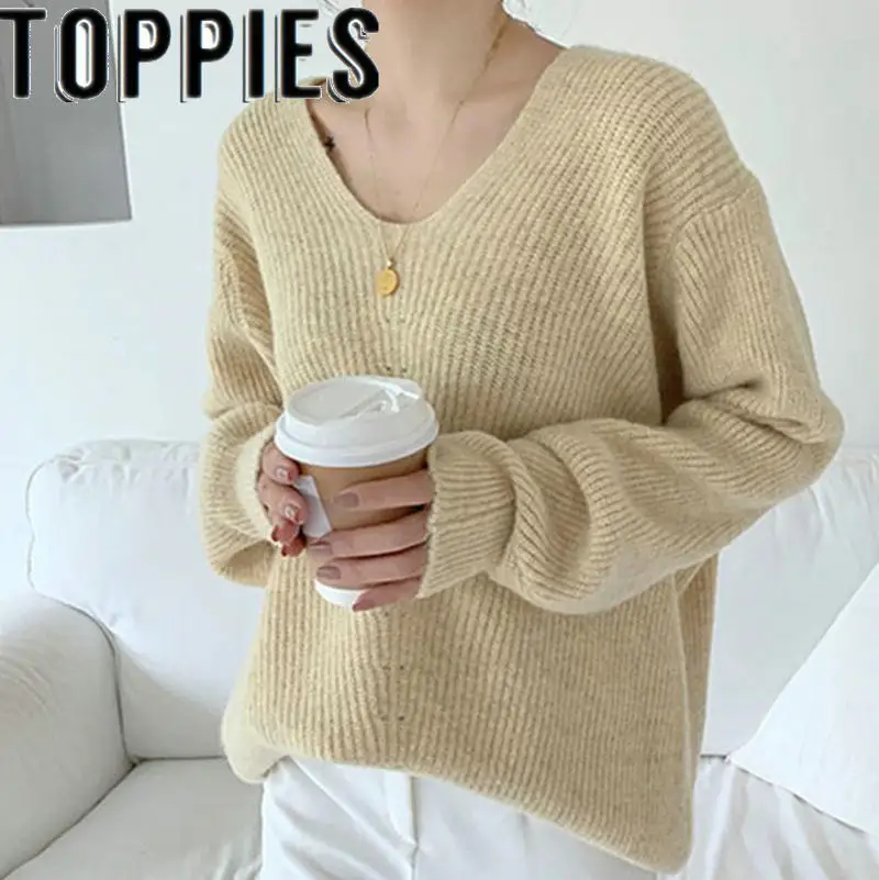 Женский вязаный свитер Lazy Wind теплый толстый розовый пуловер с v-образным вырезом