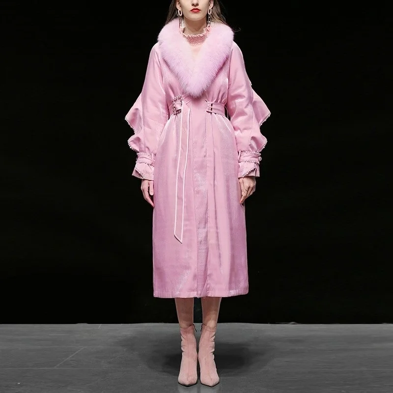 

Winter new women's Pink wool collar medium and long down jacket waist over knee thickened jacket