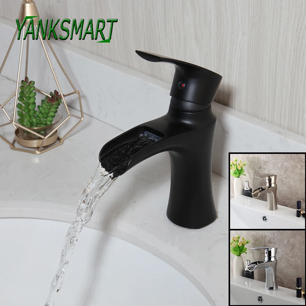 

YANKSMART Matte Black Waterfall Bathroom Faucet Basin Sink Deck Mounted Bath Faucets Washbasin Hot And Cold Mixer Water Tap