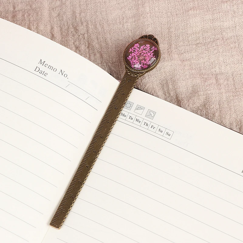 

1pc Creative Retro Metal Bookmark Ruler Colorful Flower Bookmarks with Glass Gems As Book Page Marker School Supplies