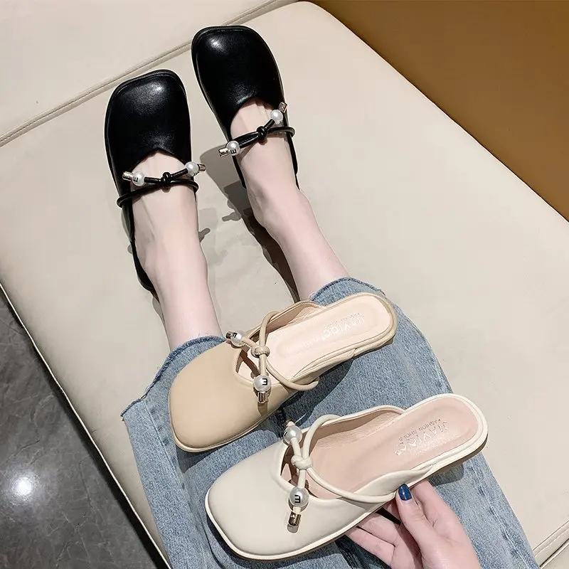 

Square Toe Low Slippers Women Summer Female Shoes Slides Butterfly-Knot 2021 Flat Cover Soft Concise Butterfly-knot PU Basic Lac