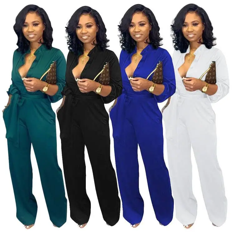 Casual Plus Size Rompers Womens Jumpsuit Early Autumn Deep V Neck Long Sleeve Wide Leg Overall Office Lady Buttons Up Bodysuit