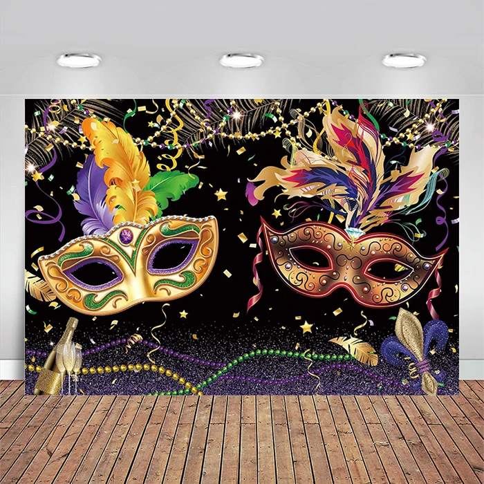 Mardi Gras Backdrop Carnival Fiesta Masquerade Background Dancing Dress-up Festival Party Supplies Purple Green Gold Beads Decor