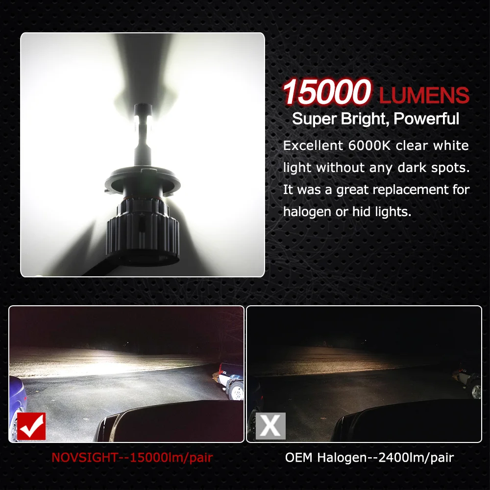 NOVSIGHT 90W 15000LM Автомобильный светодиодный головной светильник для автомобилей H4 HB2 H7 H11 9005/HB3 9006/HB4 светодиодный светильник лампы 6000K Автомобильные фары комплект 12V