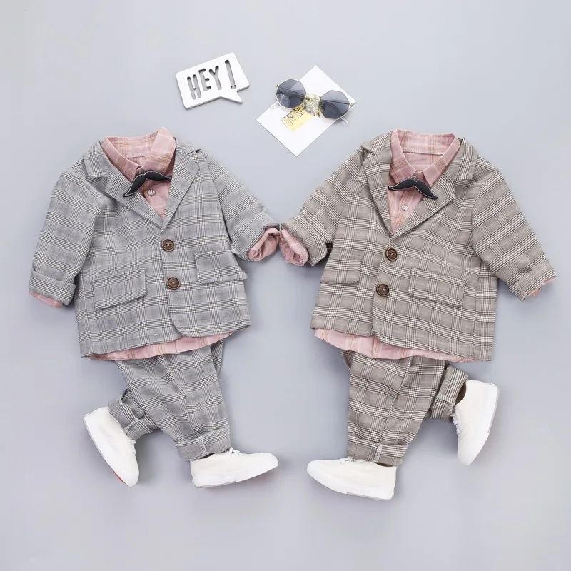 Комплект одежды в клетку для маленьких мальчиков розовая рубашка + пальто штаны