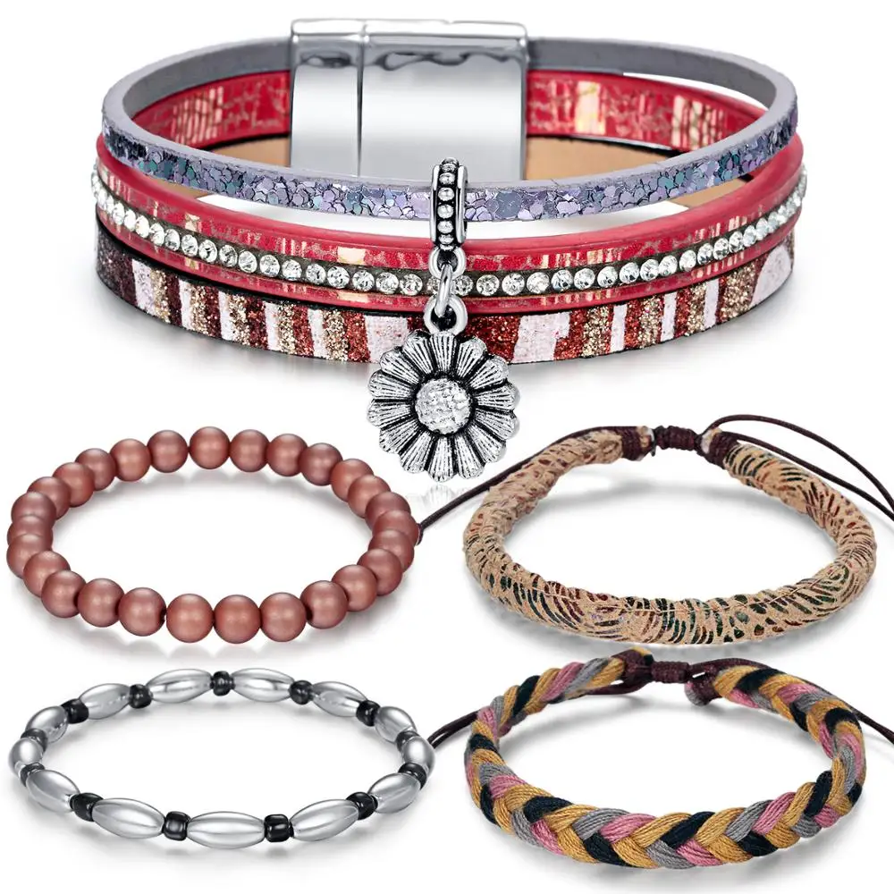 6 шт./партия браслет винтажные богемные браслеты многослойный кожаный ручной