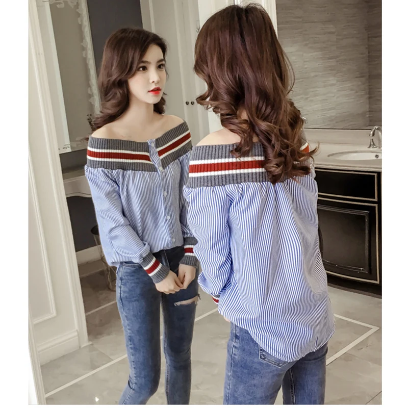 Весна-Осень 2020 женская трикотажная полосатая рубашка с круглым вырезом и