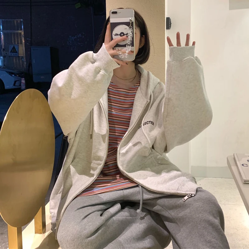 2021 на застежке-молнии в стиле Харадзюку толстовки для женщин свободного покроя