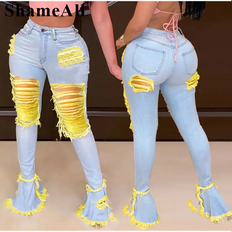 

Plus Size Low Rise Contrast Color Torn Holes Distressed Jeans 3XL Street Ripped Stretchy Skinny Ruffles Patchwork Flare Pants