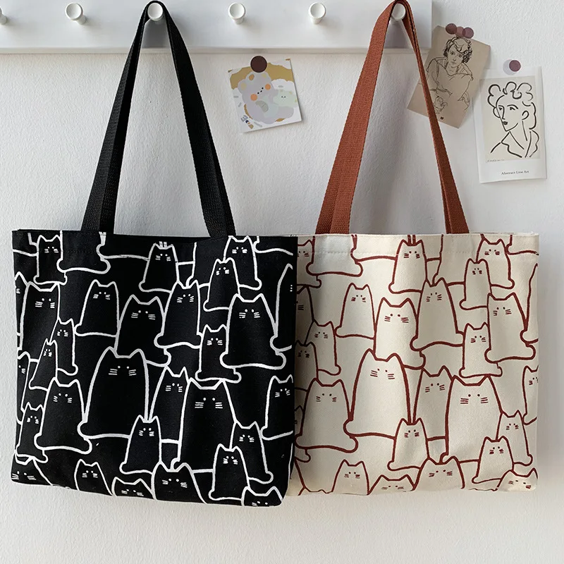

Women Large Capacity Tote Bag Cartoon Shoulder Bag Canvas Handbag Shopper Bag Cute Cat Bag with Zipper Designer Japanese Style
