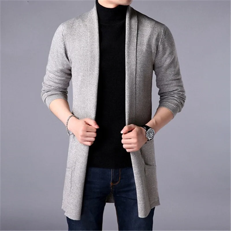 

Suéter largo ajustado para hombre, Chaqueta de punto de Color sólido, cárdigan informal a la moda, abrigos de otoño, 2020