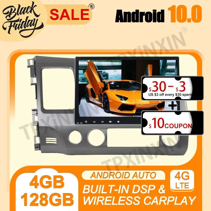 

For Honda Civic 2006-2011 Carplay 4G+128G PX6 Android 10.0 Multimedia Player Auto Radio Tape Recorder GPS Navigation Head Unit