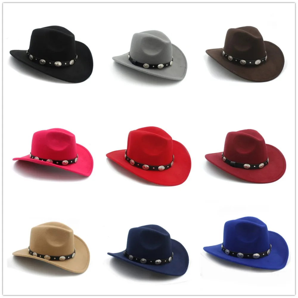 

Vintage Wool Children Kids Western Cowboy Hat For Boy Girl Wide Brim Cowgirl Jazz Cap With Leather Toca Sombrero Cap 54CM