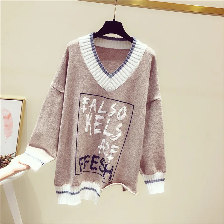 

Autumn Winter Sweater Women Loose Letter Embroidery Knitted Sweaters Pullover Casual Long Sleeve V-Neck knit Jumper Mujer Sueter