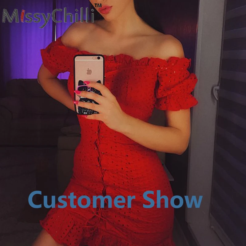 MissyChill, красное осеннее мини-платье с открытыми плечами и рюшами, женское облегающее короткое платье на шнуровке с открытой спиной, элегантное сексуальное Клубное платье, вечерние платья