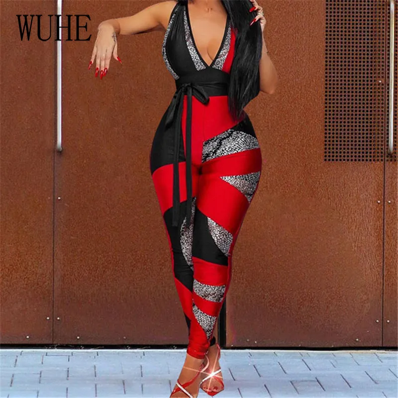 

WUHE Digital Print Sexy Jumpsuit Sleeveless Deep V Neck Bowknot Off Shoulder Lace Up Bandage Skinny Streetwear Party Clubwear
