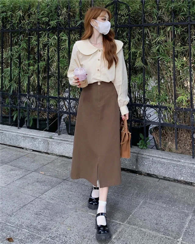 

Japanese Style Artistic Doll Collar Long Sleeve Shirt High Waist Show Rac