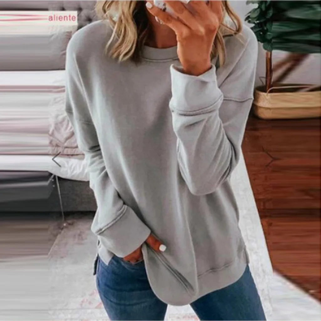 

Woman's Casual Fashion Long Sleeve Solid Color Round Collar Hoodie Tops