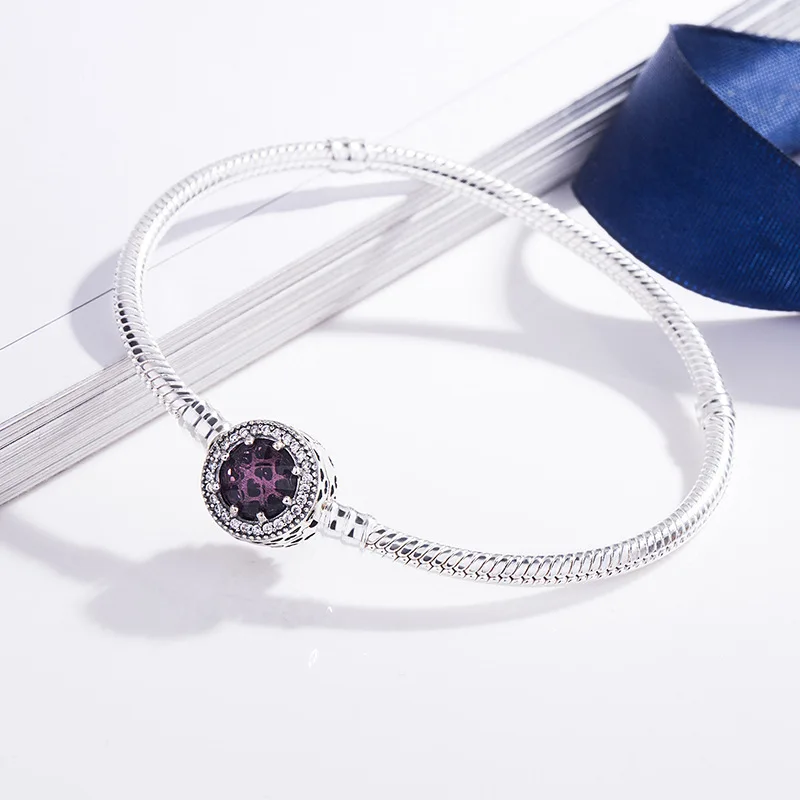 

Original 925 Sterling Silver Openwork Radiant Hearts With Purple Crystal pandora Bracelet Bangle Fit Women Bead Charm Jewelry