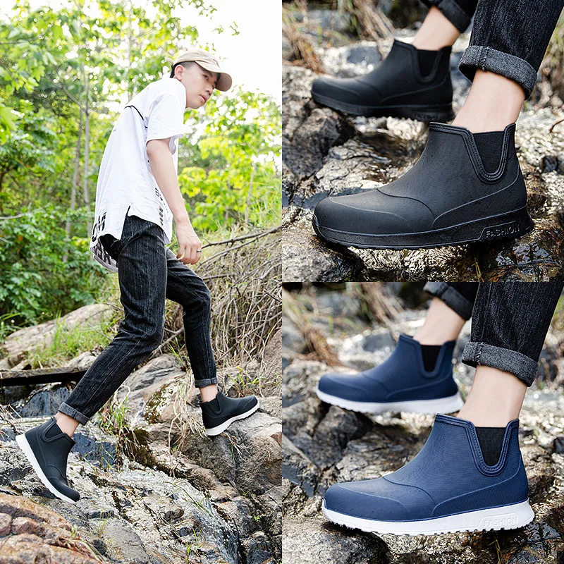 

Rain Boots Man Rubber Boots Fashion Ankle Boots Round Toe Plarform Boots Outdoor Non-slip Slip on Rain Shoes Men Fishing Boots