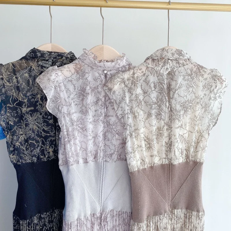 

Japanese Half High Collar Little Flying Sleeve Print Screw Thread Splicing Empire Dresses 2021 Spring Woman Clothing