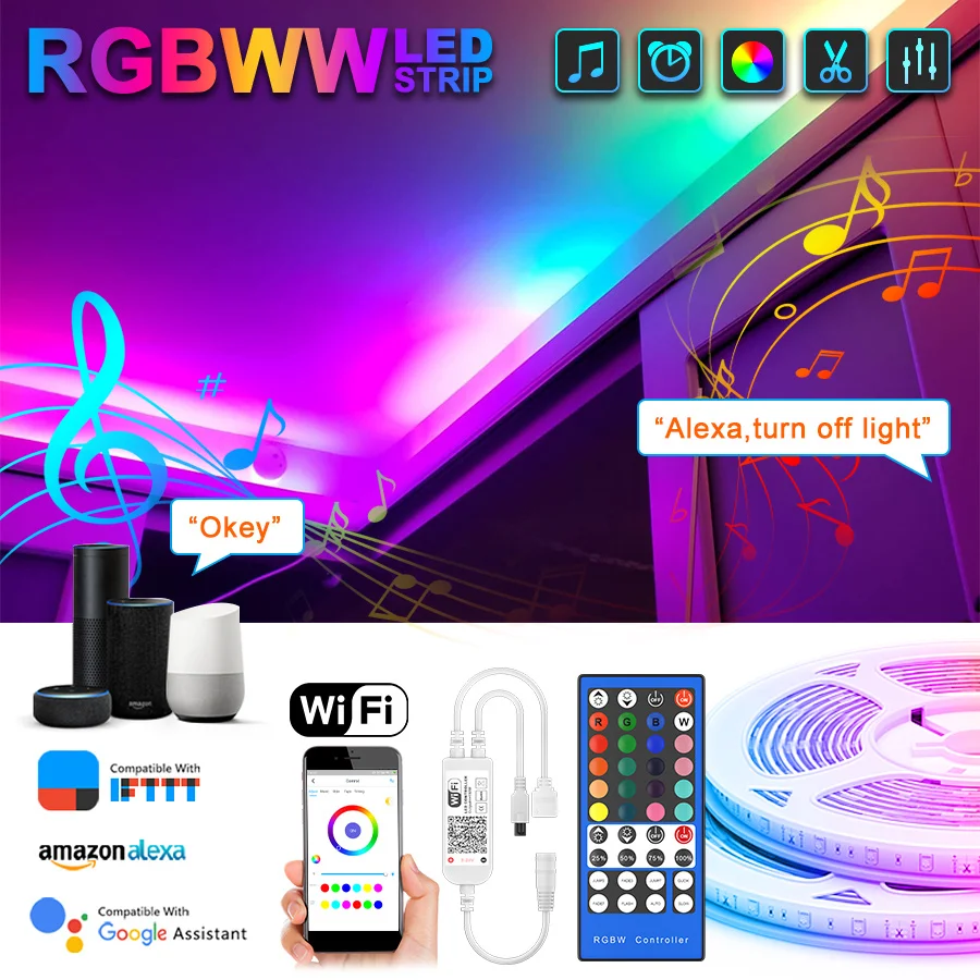 

Wifi LED Strip Light 5050 RGB Alexa Smart Voice Control LED Lights Tape Diode Ribbon Flexible Room Decoration DC12V Adapter Set