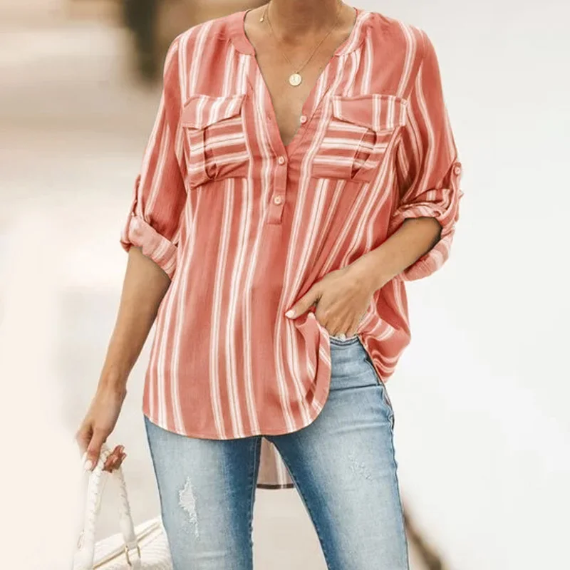 Женская блузка с v-образным вырезом и карманами Повседневная рубашка длинным