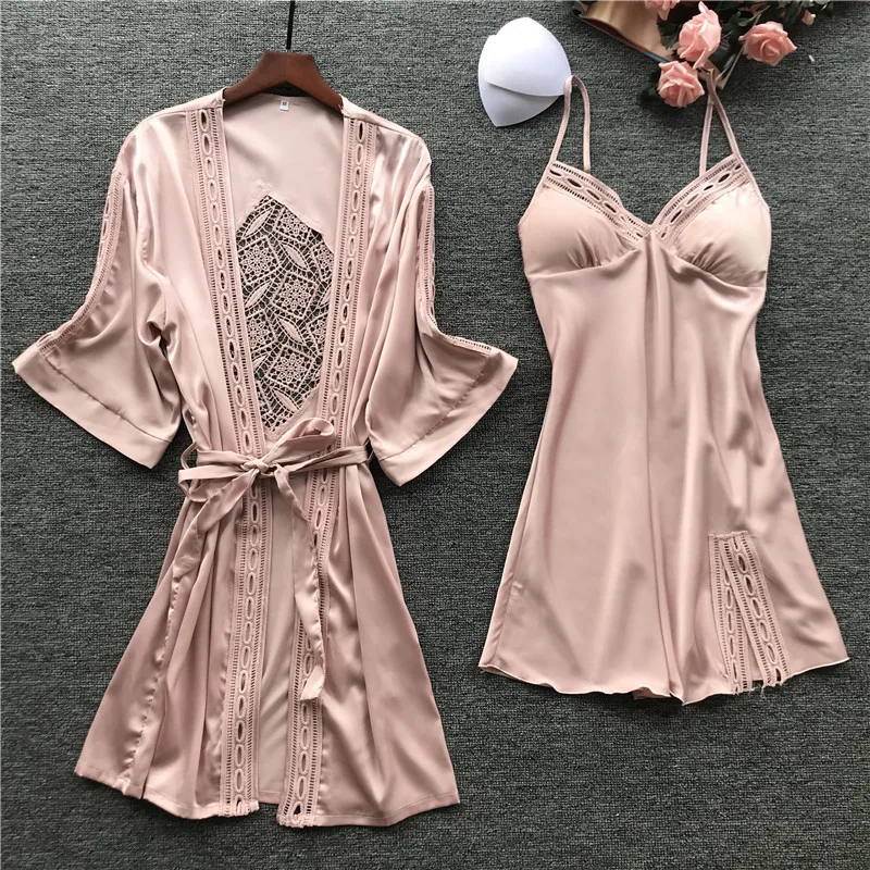 

Spring New Sexy Camisole Pajamas Woman Robe Set Ice Silk Long Sleeve Pajamas 2 Pcs Hollow Fashion Sleepwear
