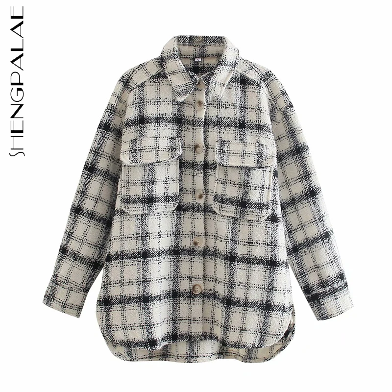 

SHENGPALAE модное красное клетчатое шерстяное пальто для женщин, осень 2021, новое свободное однобортное пальто с отложным воротником и длинным ру...