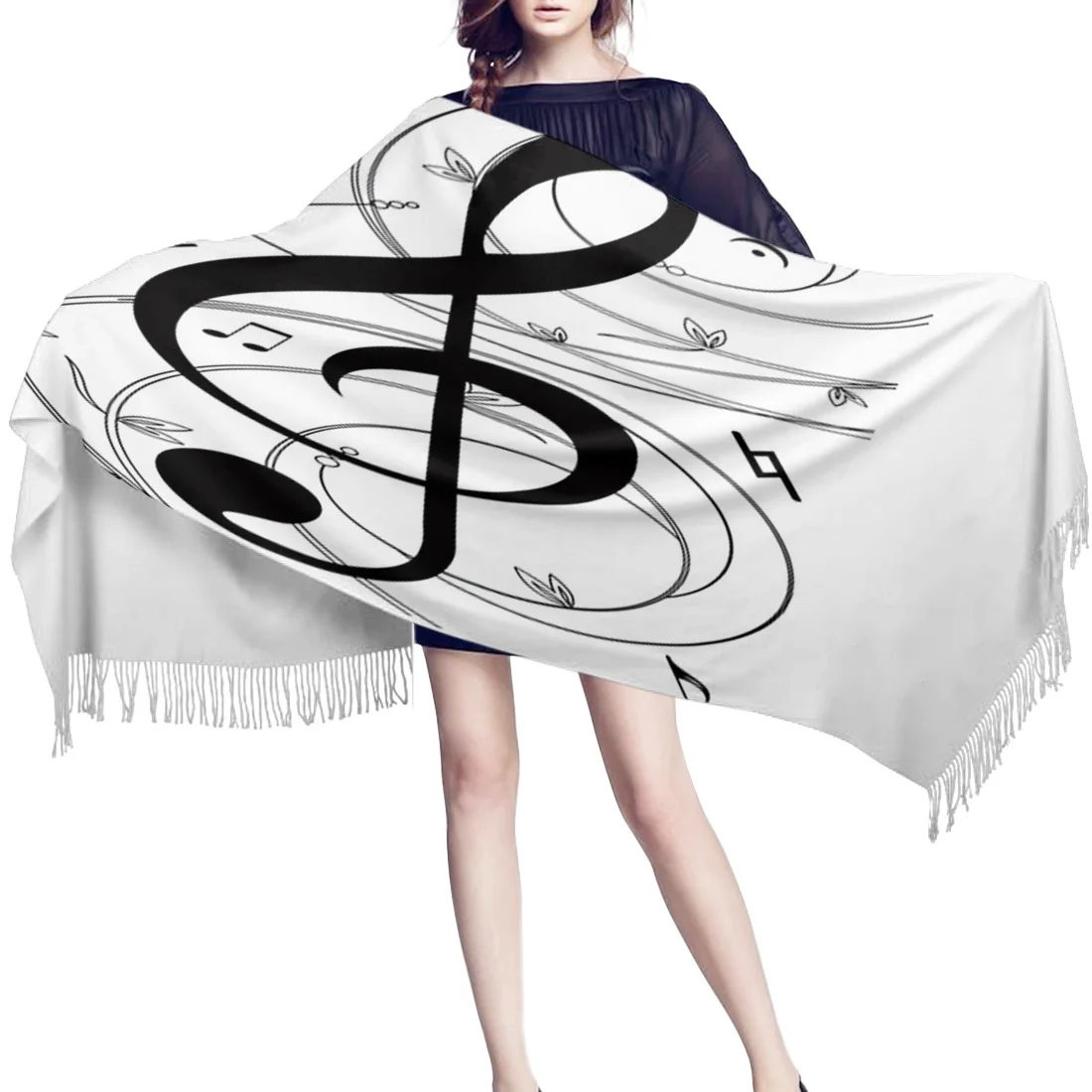 Женский кашемировый шарф черного и белого цвета с принтом в виде музыкального