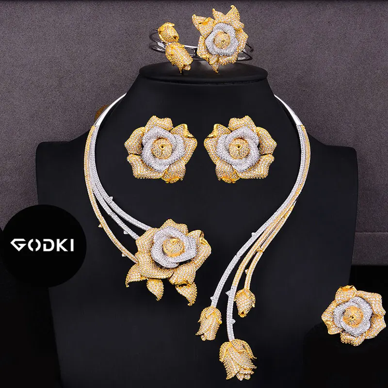 2 Tone GODKI модный роскошный 4 шт цветок нигерийский массивный ювелирный набор для женщин свадебный полный кубический циркон Дубай Свадебный ювелирный набор - Окраска металла: 2 Tone