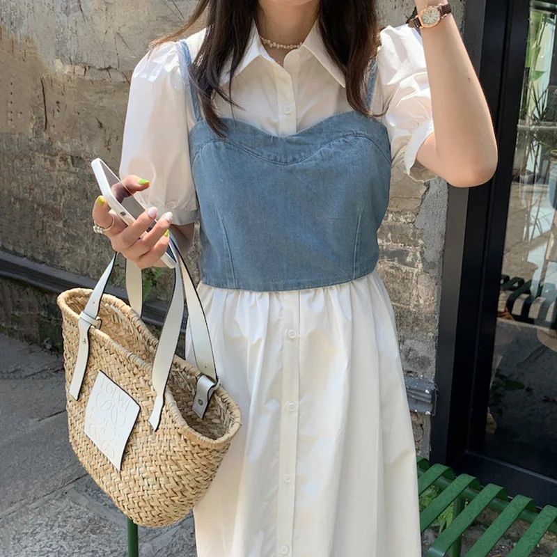 Корейское шикарное платье Бандажное свободное рубашка с пузырьковым