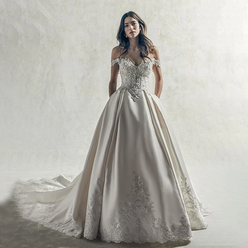 

Sexy Wedding Dress Sweetheart Appliques A-Line Off Shoulder CUT-OUT Evening Dresses Vintage Beaded Backless Bridal Gowns