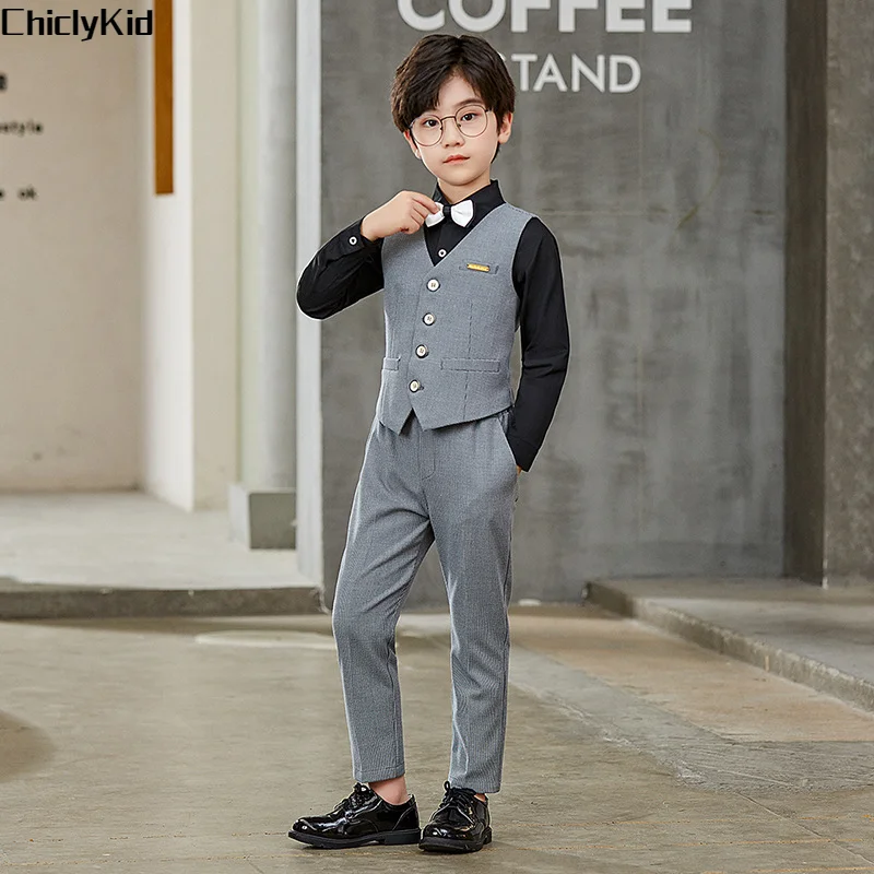 

Boy Gentleman Plaid Top Ring Bearer Waistcoat Clothes Sets Kids Formal Dress Suits Child BowTie Shirt Vest Pants Toddler Outfits
