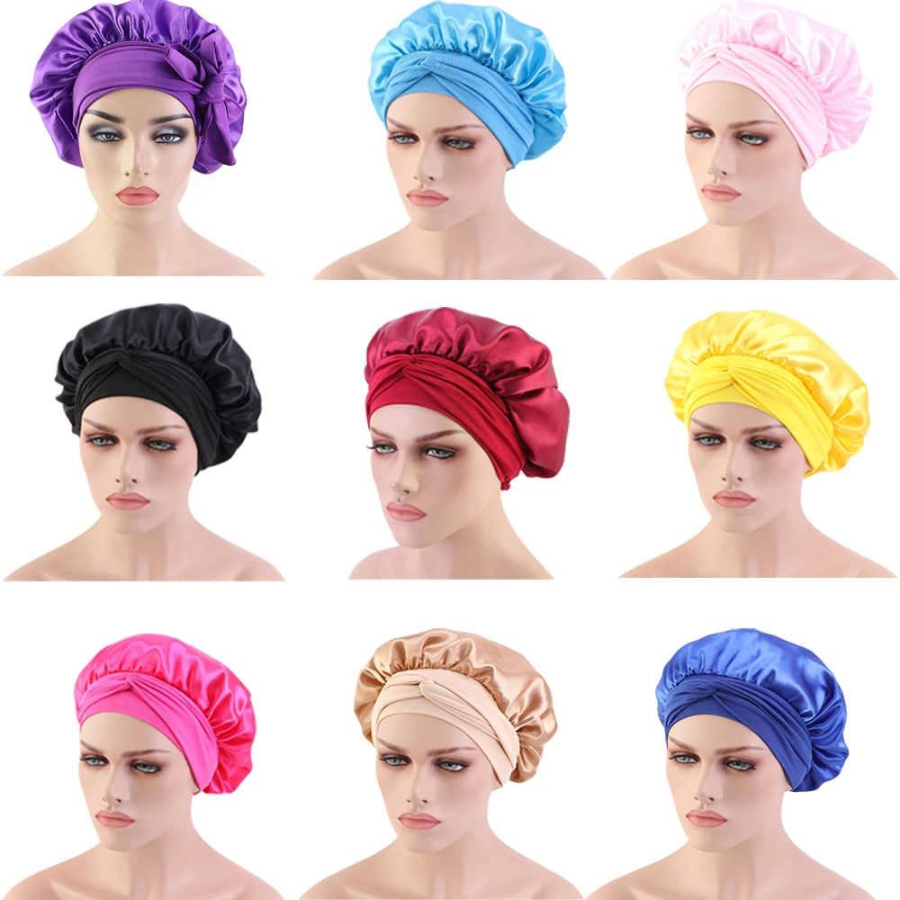 

1pc Solid Satin Bonnet Hair Styling Cap Long Hair Care Women Night Sleep Hat Head Wrap Shower Cap Hair Styling Tools Accessories