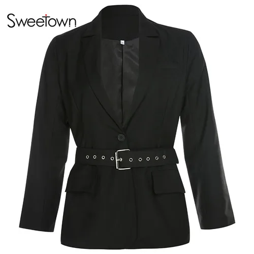Sweetown, Черный Длинный блейзер с поясом, осеннее пальто, женская офисная одежда, длинный рукав, на одной пуговице, офисный женский однотонный зимний блейзер - Цвет: black