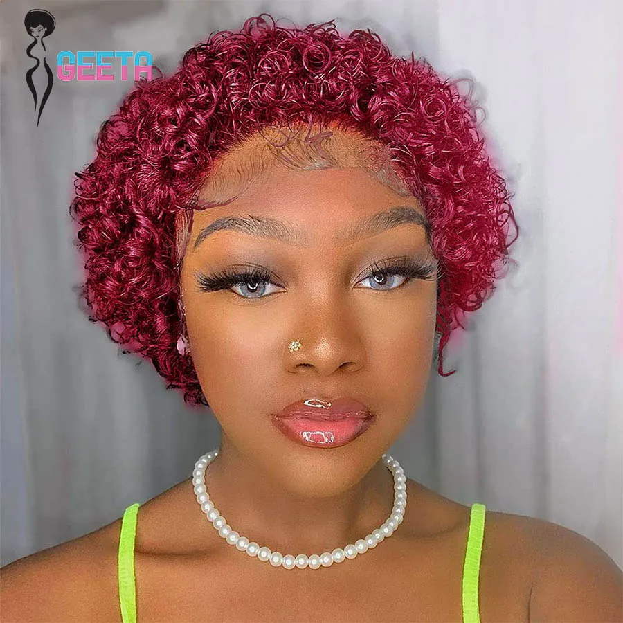 

Pixie Cut Human Hair Wig Short Bob Curly Ombre Orange 99J 13x1 Transparent Lace Part Wigs Cheap Human Hair Wigs For Black Women