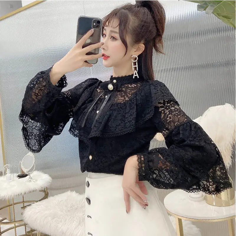 

Women Blouse Harajuku Shirt Fashion Lace Bow Patchwork Hollow Out Office lady Vintage Long Sleeve Tops Blusas Mujer De Moda 2021