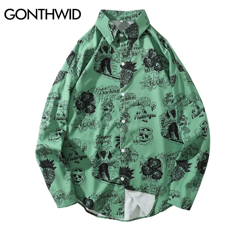Рубашка GONTHWID мужская с длинным рукавом уличная одежда принтом фламинго