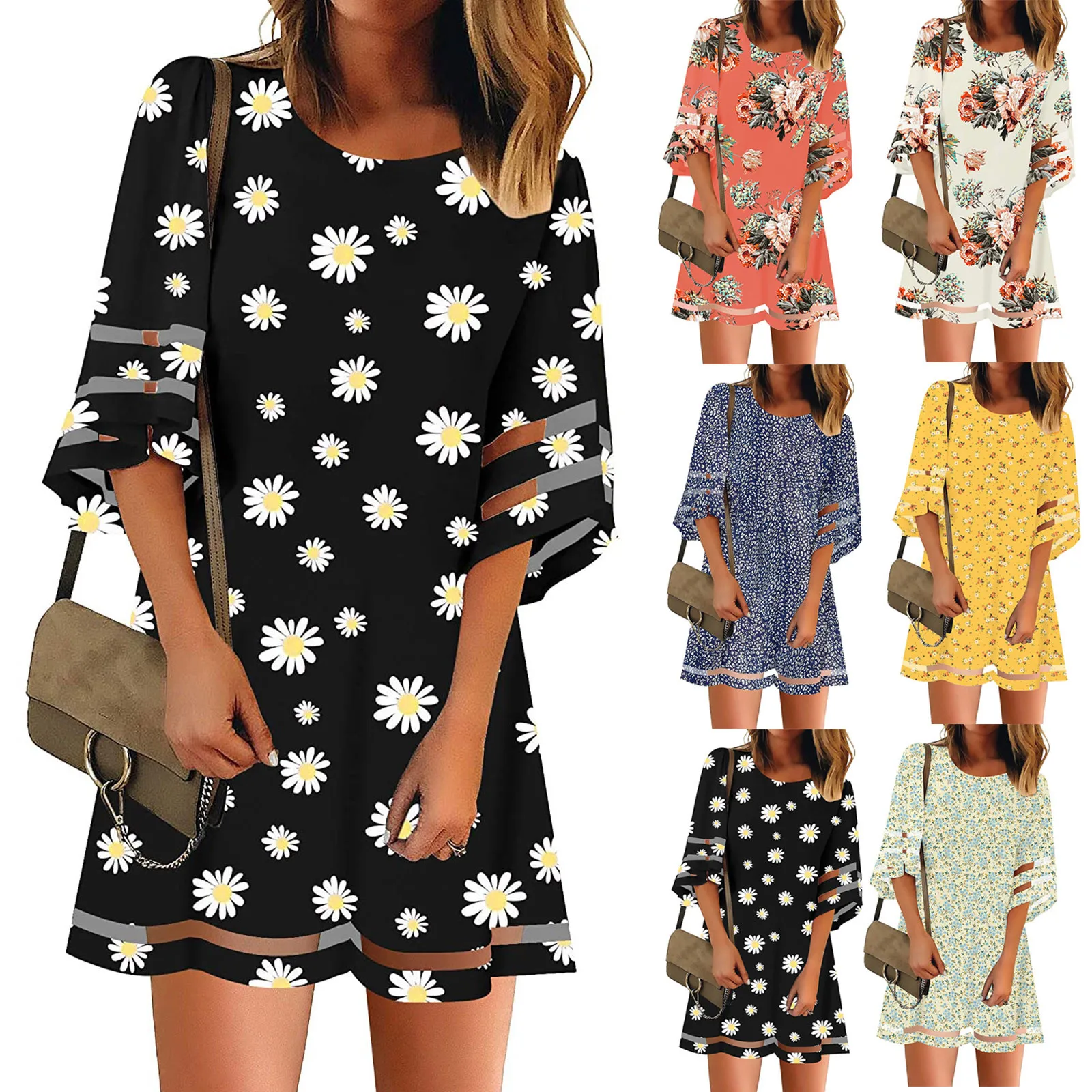 

Fashion Women Casual V-Neck Net Yarn Flared Sleeve Printing Loose Dress vestido de mujer summer dress платья для женщин