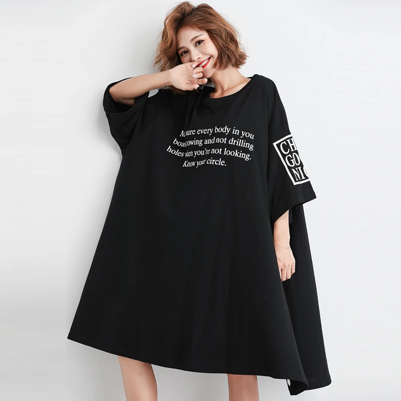 Плюс размер 2019 Женская туника-платье летняя Европейская Повседневная Свободная