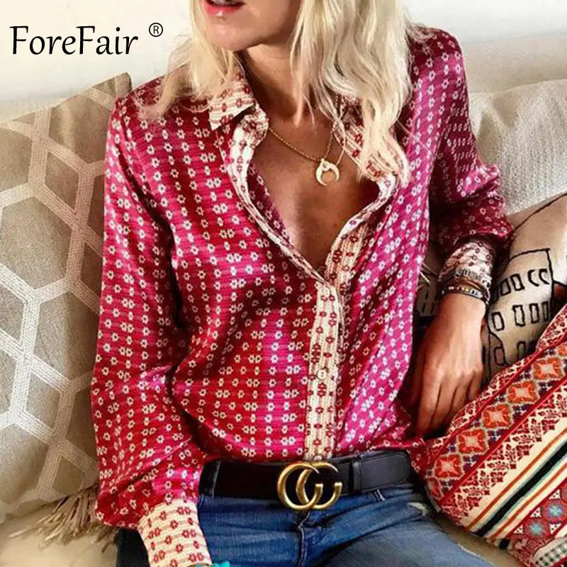 Forefair Ретро стиль Цветочная атласная блузка рубашка длинный рукав v образный