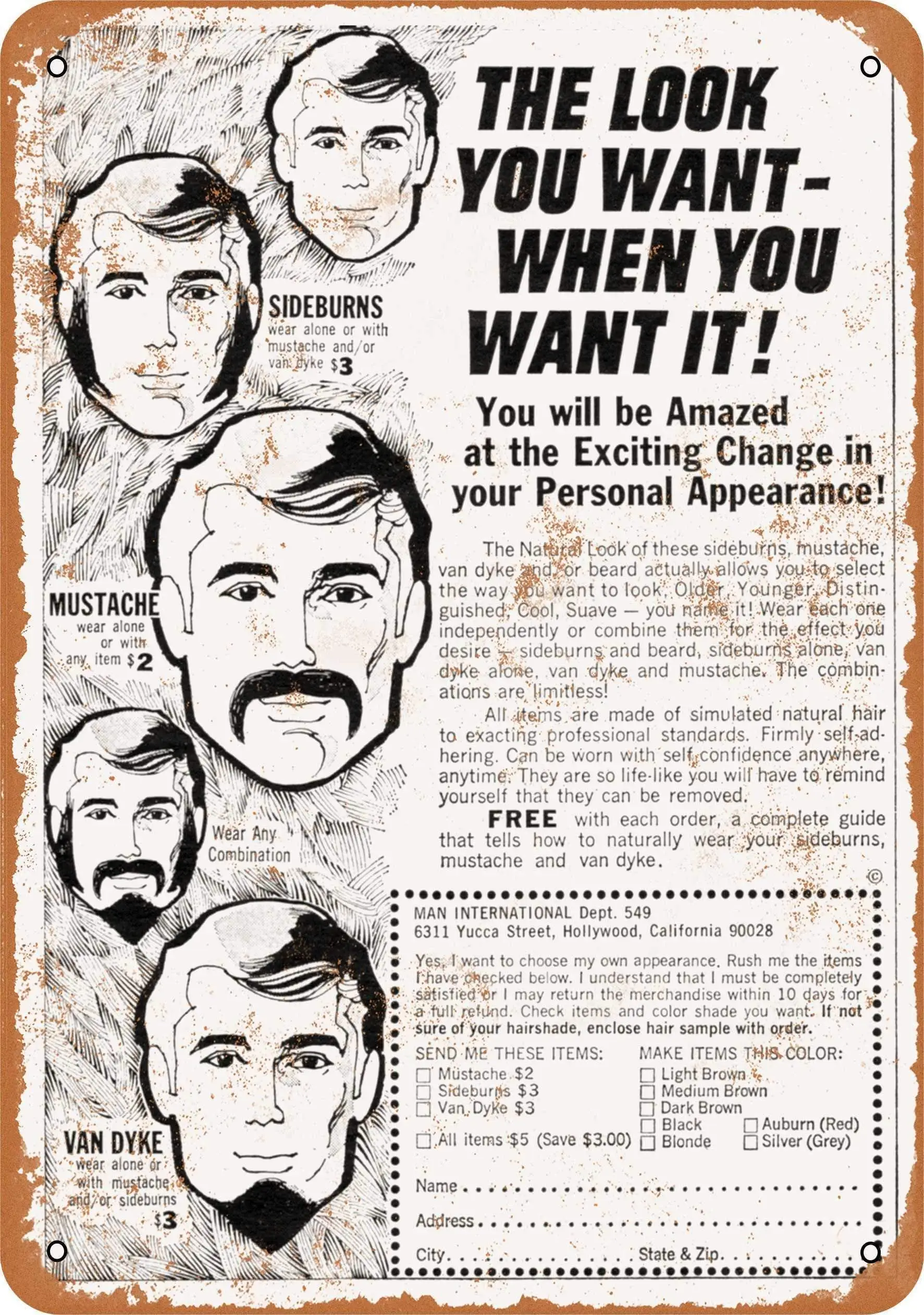 

SLALL 1969 Fake Beards and Mustaches by Mail Retro Street Sign Household Metal Tin Sign Bar Cafe Car Motorcycle Garage Decoratio