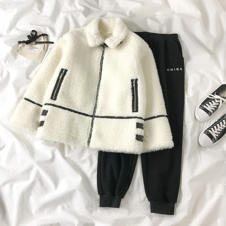 

2021 New Women's Winter Thick Lamb Wool Coat + Plus Cashmere Foot Sports Casual Pants Two-piece Solid Color Warm Casual Fashion