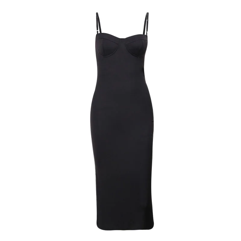 

InstaHot Women Casual Solid Club Dress 2021 Summer Spaghetti Strap Neck Elegant Streetwear Dress Sleeveless Bodycon Female Dress