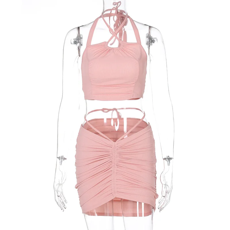 

2021 Summer New Fashion Street Style Sexy Lace-Up Crop Top Slim Fit Skirt Set