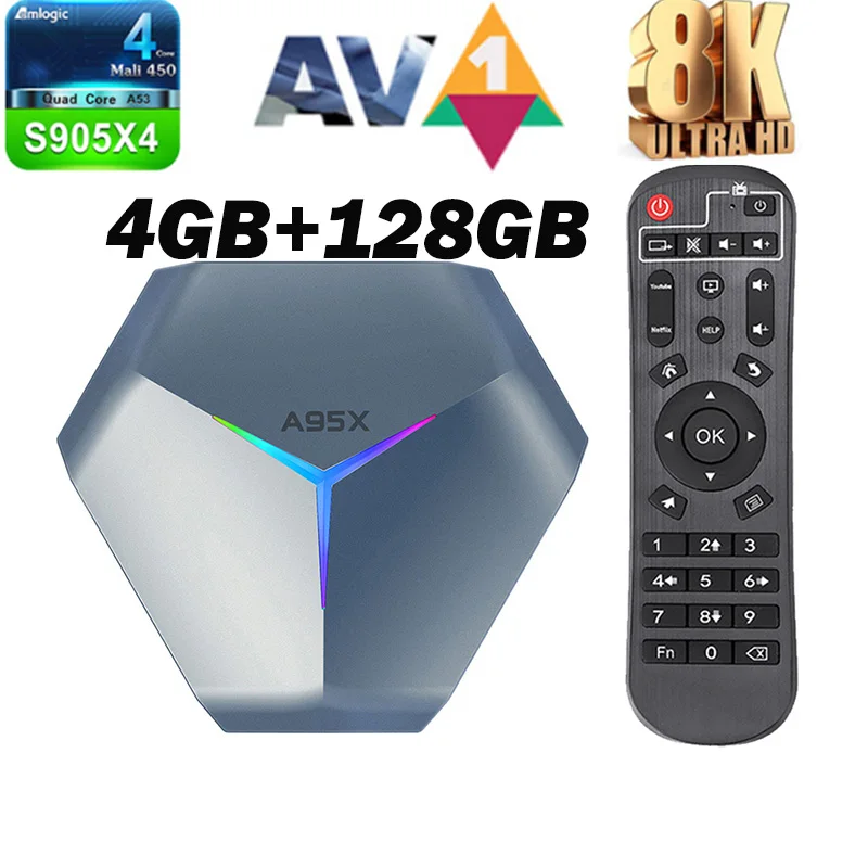 

A95X F4 ТВ-приставка Android 11,0 RGB Освещение 8k 2,4G и 5G WiFi 4 Гб 128G медиа-проигрыватель Google телеприставка