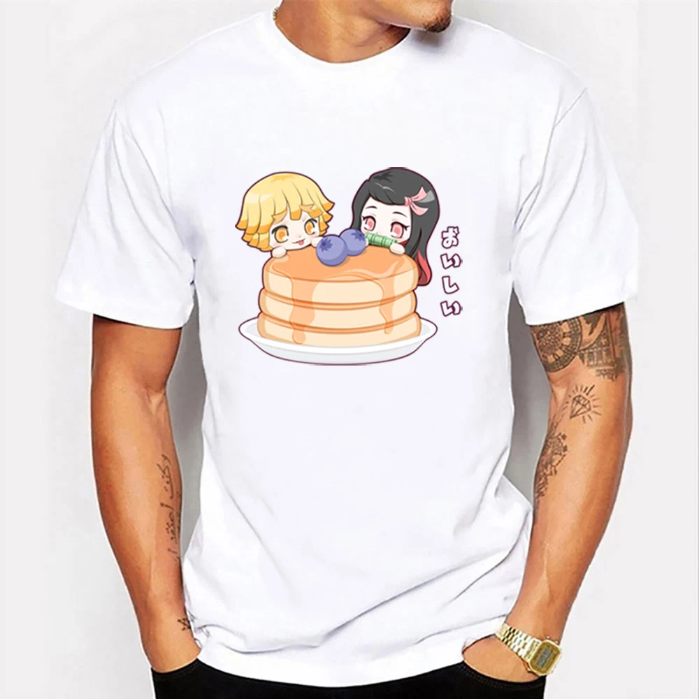 

Chibi Nezuko Zenitsu Pancake Kimetsu No Yaiba Men's T-shirts Harajuku Short Sleeve Tees Shirts Round Neck Tops Oversized Tshirts