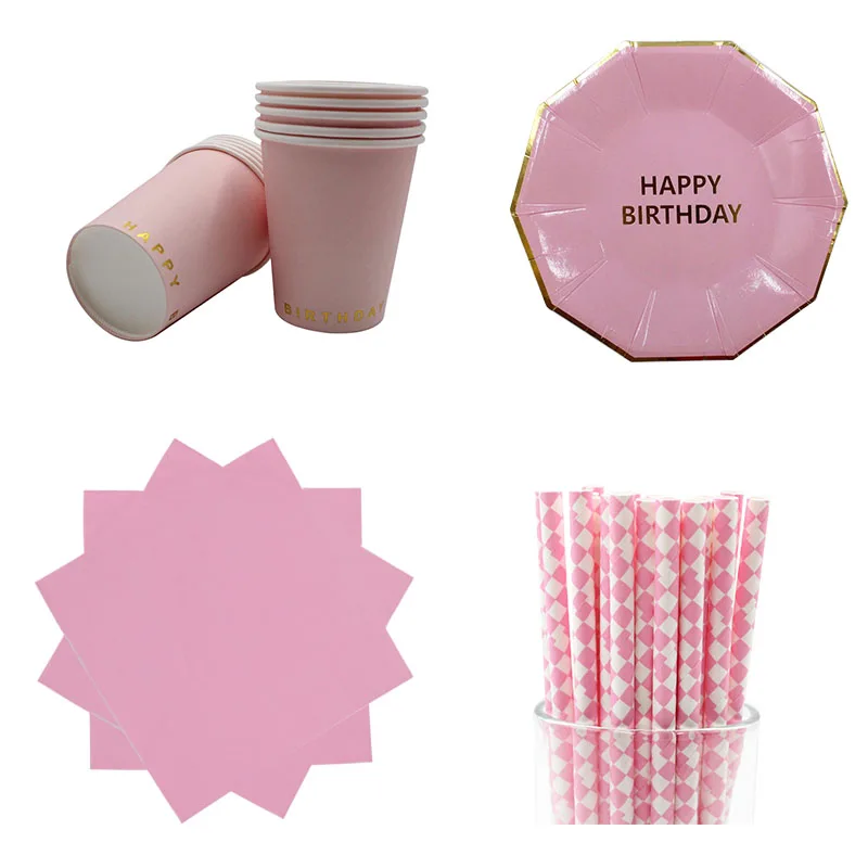 Одноразовая посуда для вечеринки в честь Дня Рождения розовые бумажные