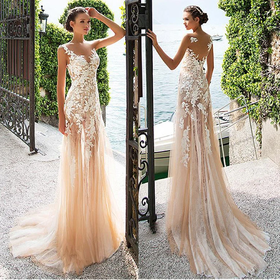 

Marvelous Lace Bateau Neckline See-through Sheath Wedding Dresses With Lace Appliques Champagne Bridal Dress with Color